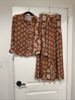 Two-Piece Brown & Cream Printed Button-Up Shirt and Skirt Set